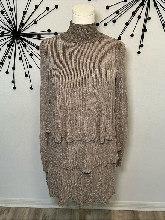 Zara Dresses & Skirts - Zara Metallic Ribbed Knit Tiered Mock Neck Midi Dress Gold Beige Small